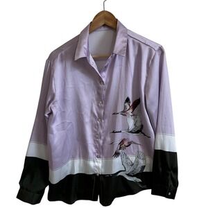 Shein‎ Button-Up Top Crane Print Color Block Long Sleeve Shirt XS